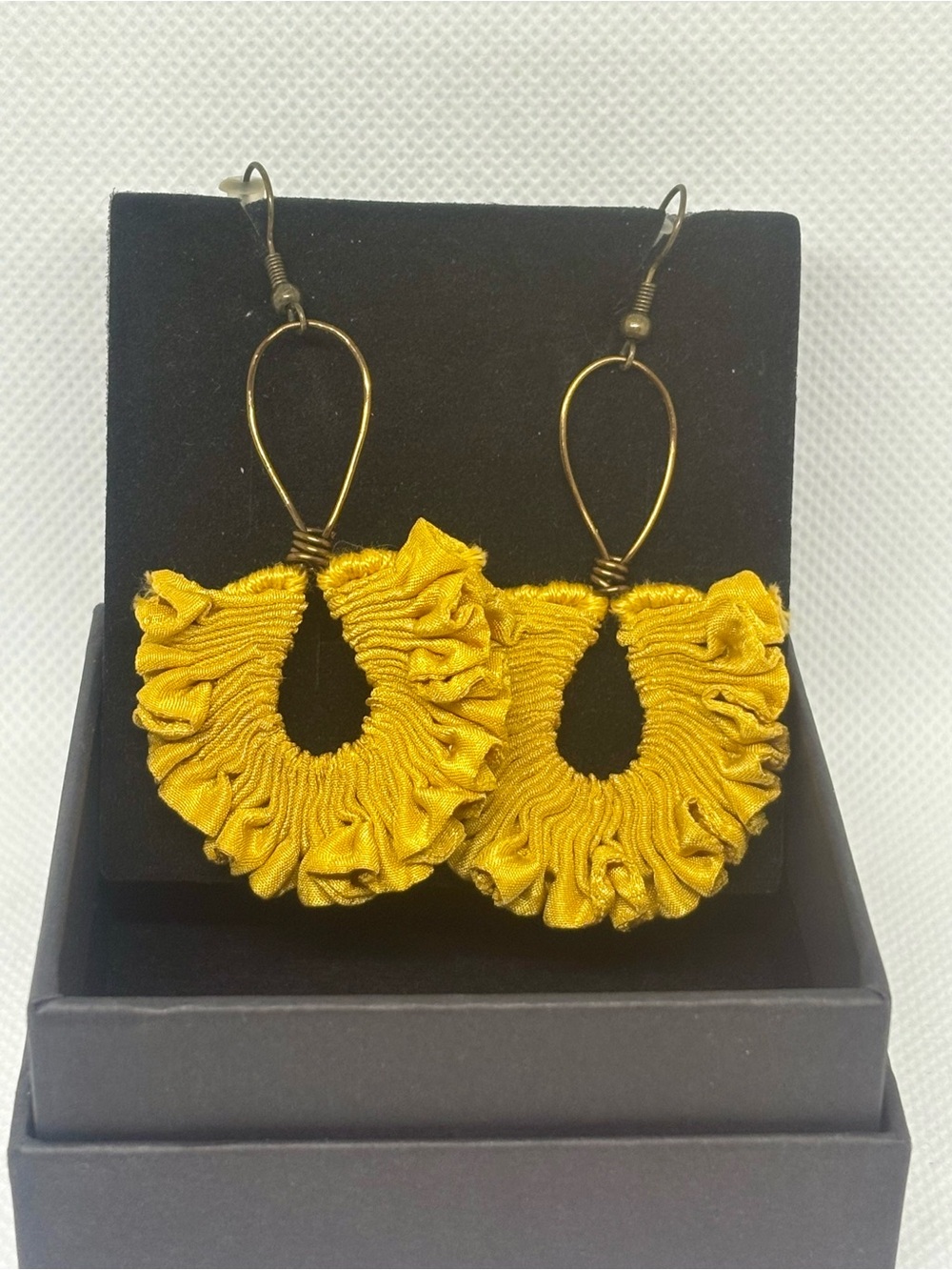Handcrafted Mustard Yellow Ruffle Hoop Drop Earrings